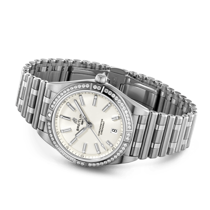  Shop Authentic Breitling Chronomat Automatic 36 Diamonds White Dial Silver Steel Strap Watch for Women - A10380591A1A1 - Luxxuri