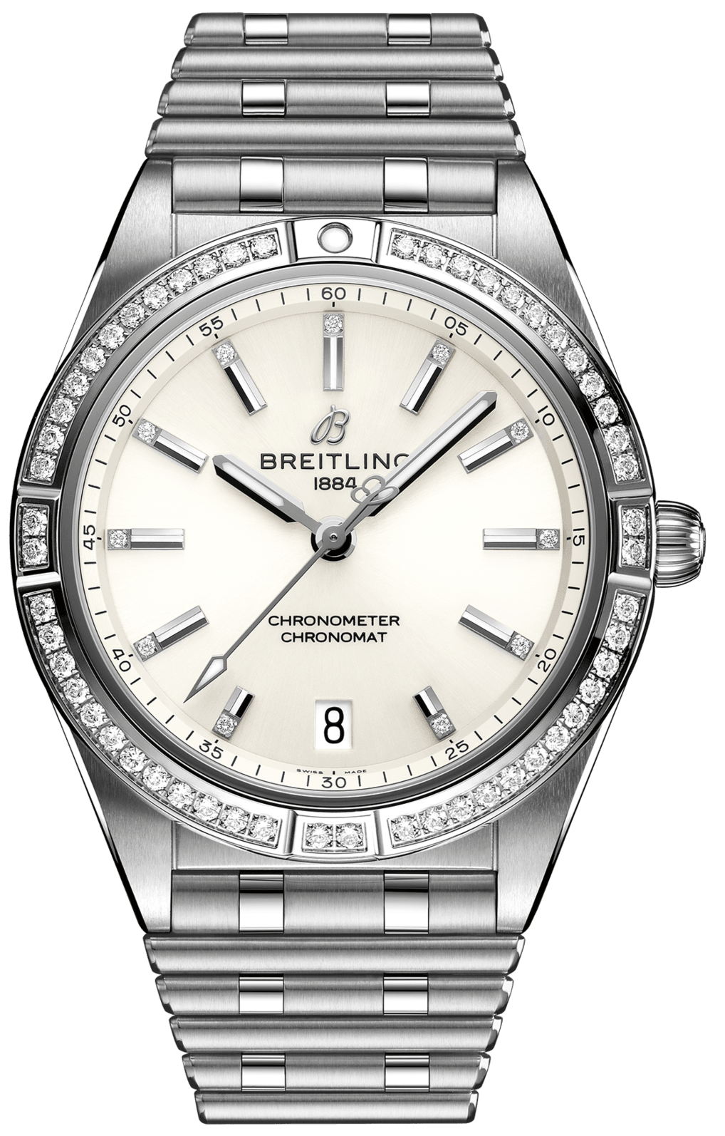  Shop Authentic Breitling Chronomat Automatic 36 Diamonds White Dial Silver Steel Strap Watch for Women - A10380591A1A1 - Luxxuri