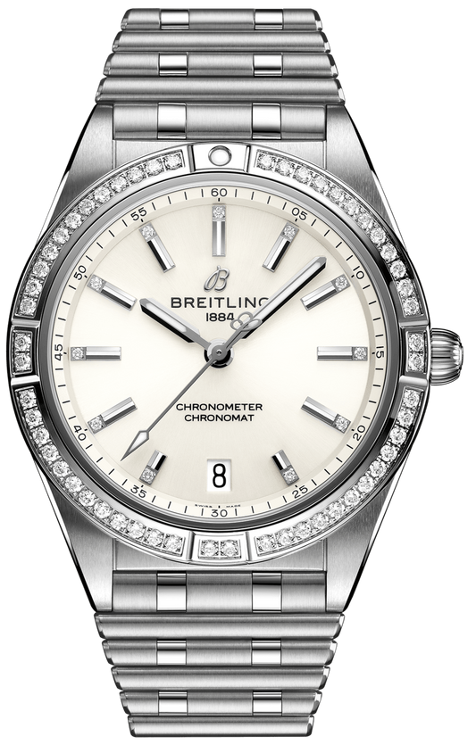  Shop Authentic Breitling Chronomat Automatic 36 Diamonds White Dial Silver Steel Strap Watch for Women - A10380591A1A1 - Luxxuri