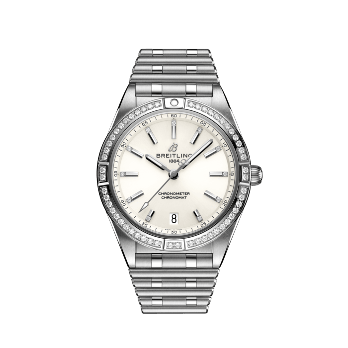 Breitling Chronomat Automatic 36 Diamonds White Dial Silver Steel Strap Watch for Women - A10380591A1A1