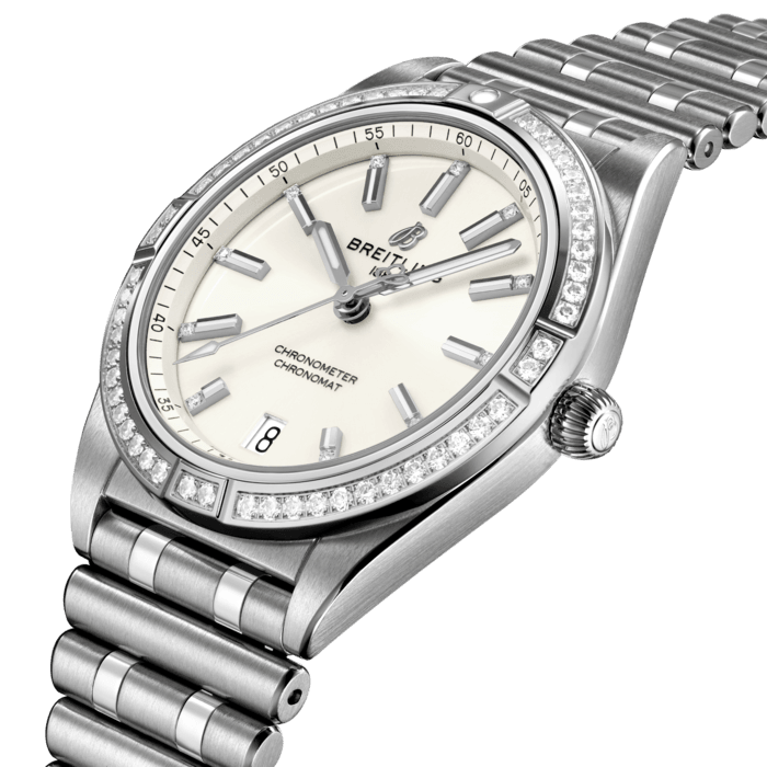  Shop Authentic Breitling Chronomat Automatic 36 Diamonds White Dial Silver Steel Strap Watch for Women - A10380591A1A1 - Luxxuri