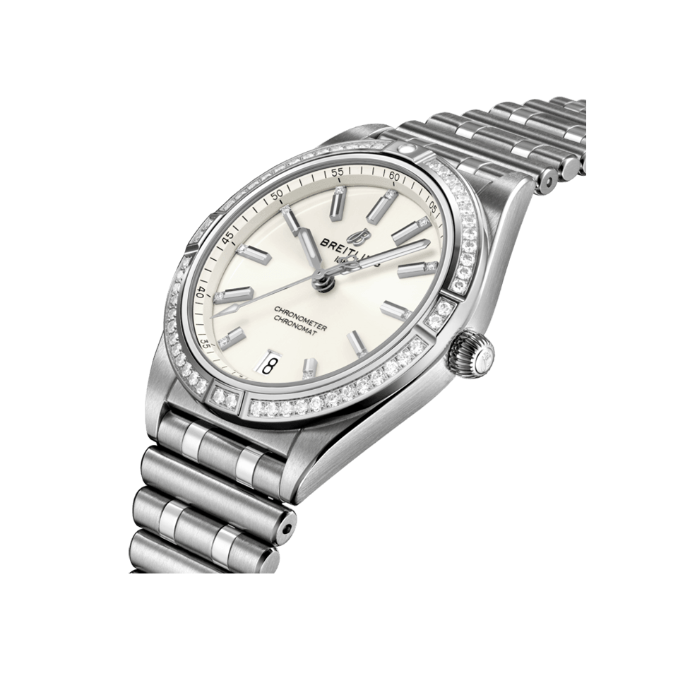  Shop Authentic Breitling Chronomat Automatic 36 Diamonds White Dial Silver Steel Strap Watch for Women - A10380591A1A1 - Luxxuri