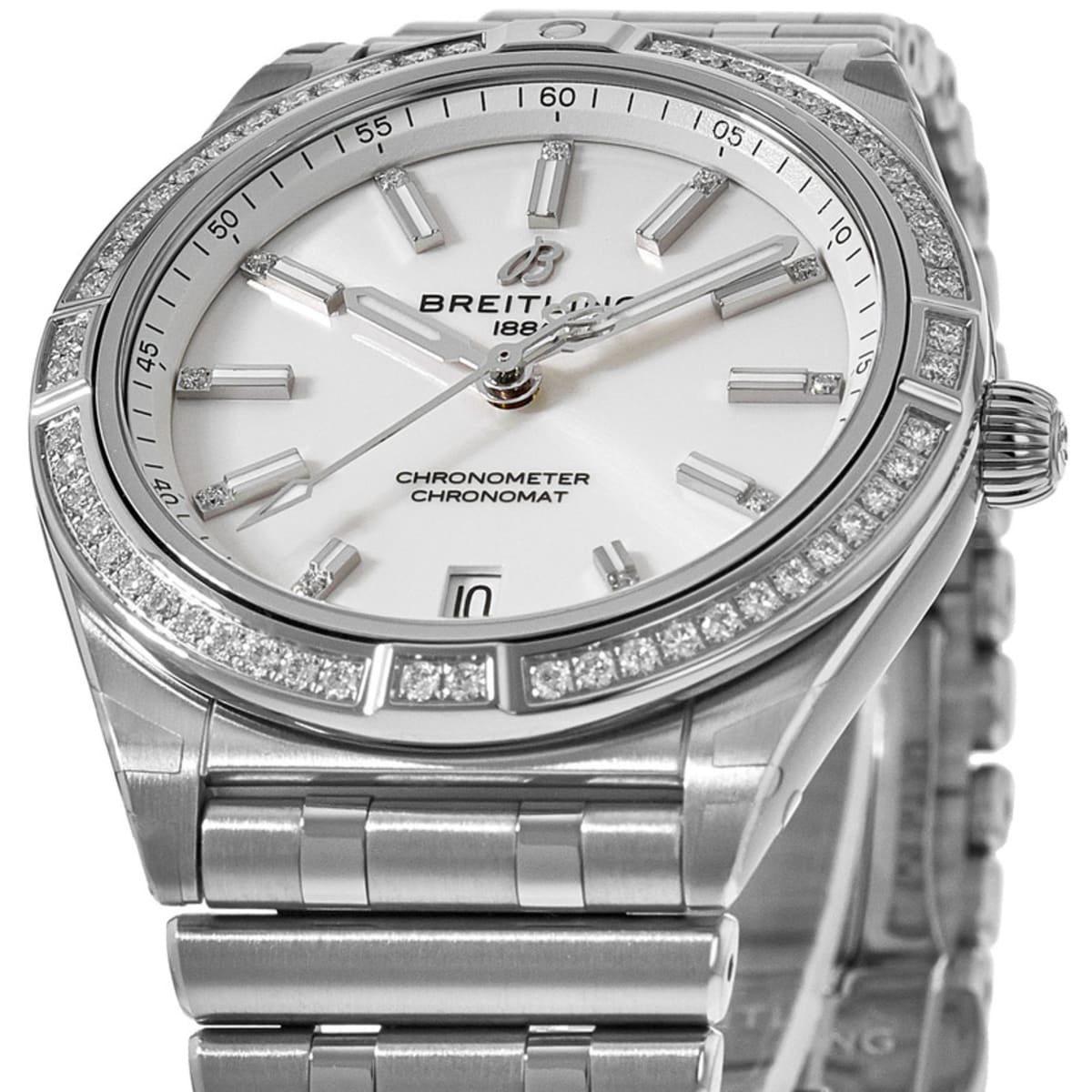 Shop Authentic Breitling Chronomat Automatic 36 Diamonds White Dial Silver Steel Strap Watch for Women - A10380591A1A1 - Luxxuri