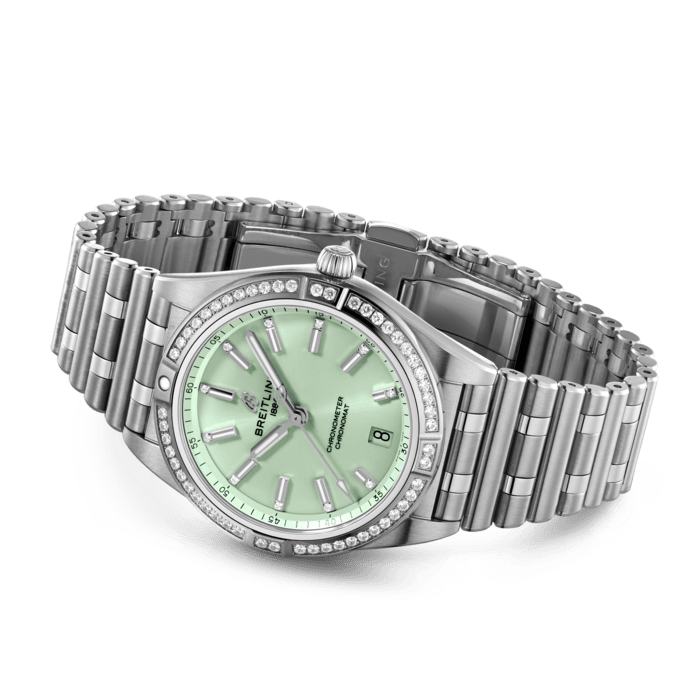  Shop Authentic Breitling Chronomat Automatic 36 Diamonds Green Dial Two Tone Steel Strap Watch for Women - A10380591L1A1 - Luxxuri
