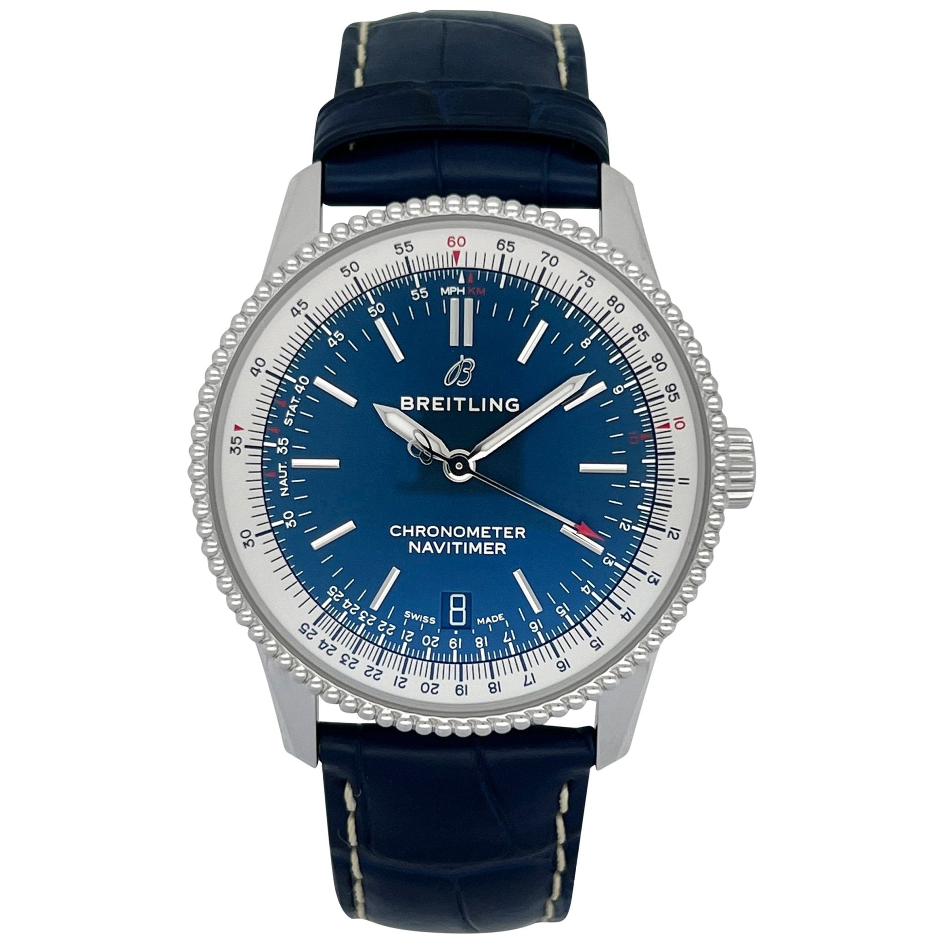  Shop Authentic Breitling Navitimer Automatic 38mm Blue Dial Blue Leather Strap Mens Watch - A17325211C1P1 - Luxxuri