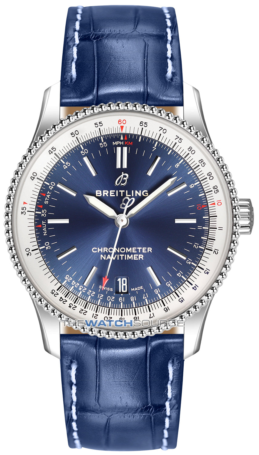  Shop Authentic Breitling Navitimer Automatic 38mm Blue Dial Blue Leather Strap Mens Watch - A17325211C1P1 - Luxxuri