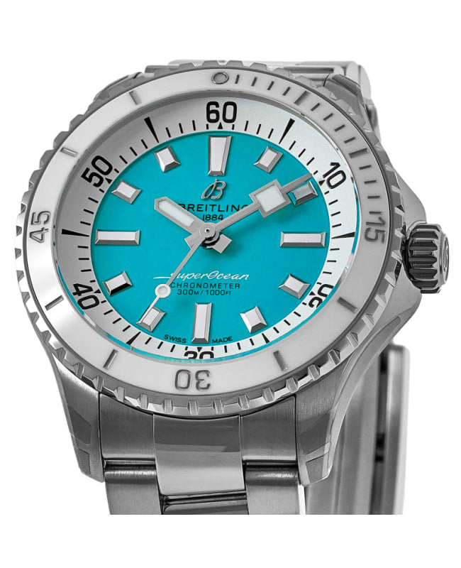  Shop Authentic Breitling Superocean Automatic 36 Turquoise Dial Silver Steel Strap Watch for Men - A17377211C1A1 - Luxxuri