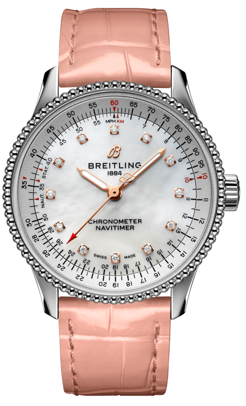  Shop Authentic Breitling Navitimer Automatic 35 Mother of Pearl Dial Pink Leather Strap Watch for Women - A17395211A1P3 - Luxxuri
