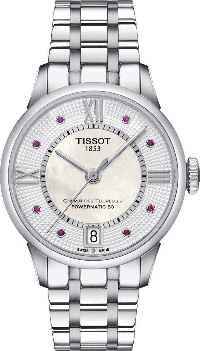  Shop Authentic Tissot Chemin Des Tourelles Powermatic 80 Rubies Mother of Pearl Dial Silver Steel Strap Watch For Women - T099.207.11.113.00 - Luxxuri