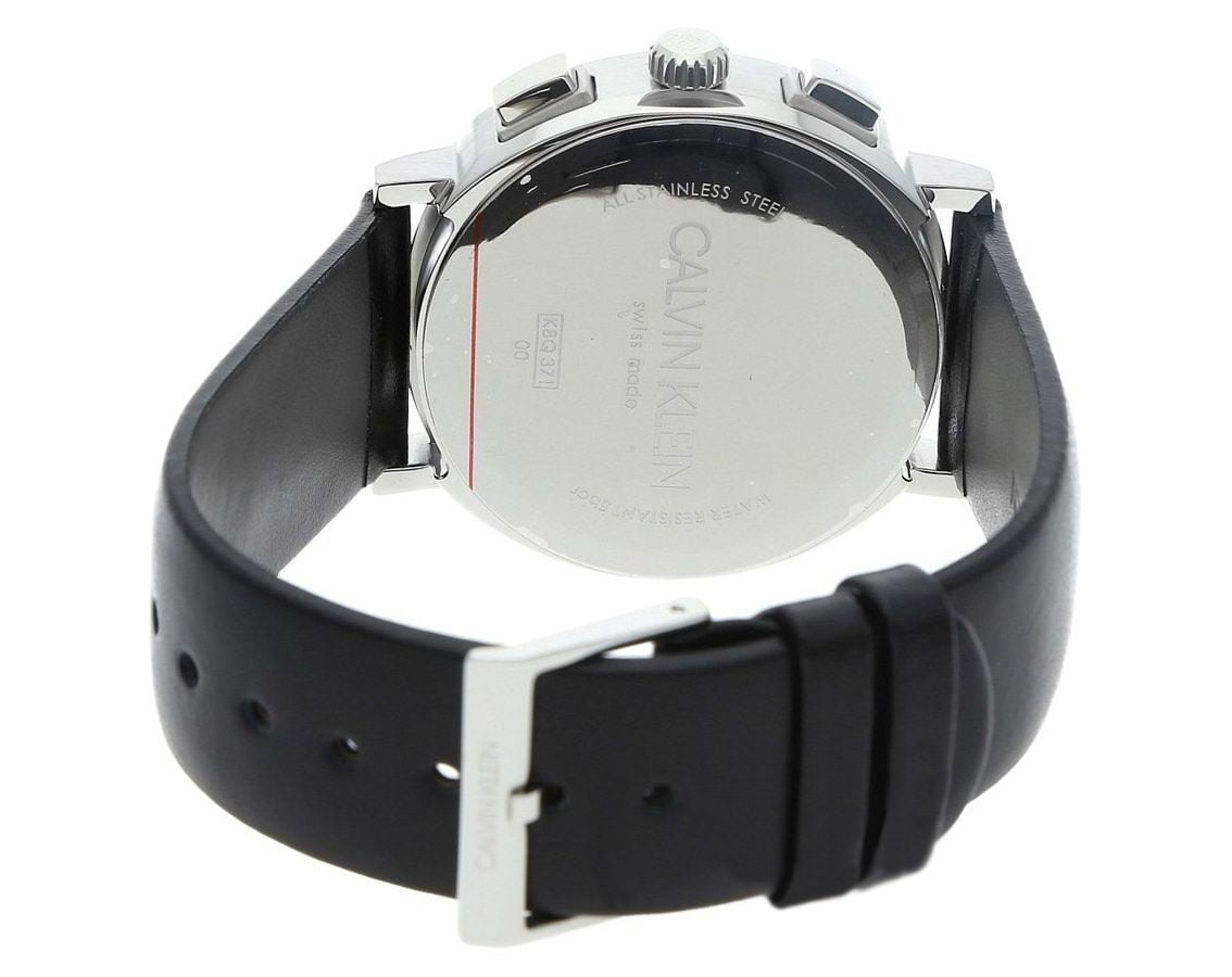  Shop Authentic Calvin Klein Chronograph Blue Dial Black Leather Strap Watch for Men - K8Q371CN - Luxxuri