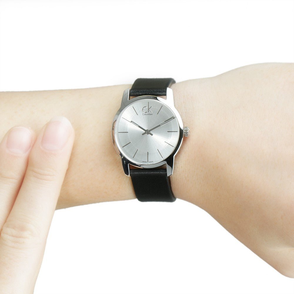  Shop Authentic Calvin Klein City Silver Dial Black Leather Strap Watch For Women - K2G231C6 - Luxxuri