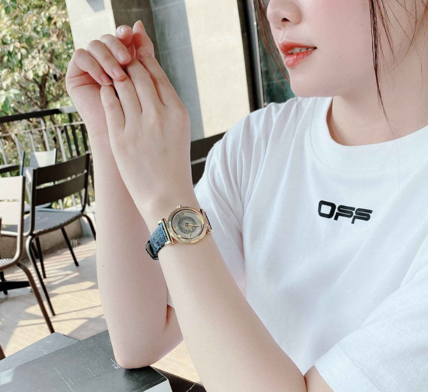  Shop Authentic Versace V-Motif Vintage Logo Diamonds Blue Dial Blue Leather Strap Watch for Women - VERE01018 - Luxxuri