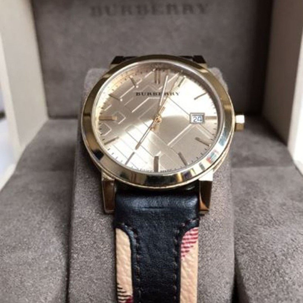  Shop Authentic Burberry The City Gold Dial Black Leather Strap Watch for Men - BU9032 - Luxxuri