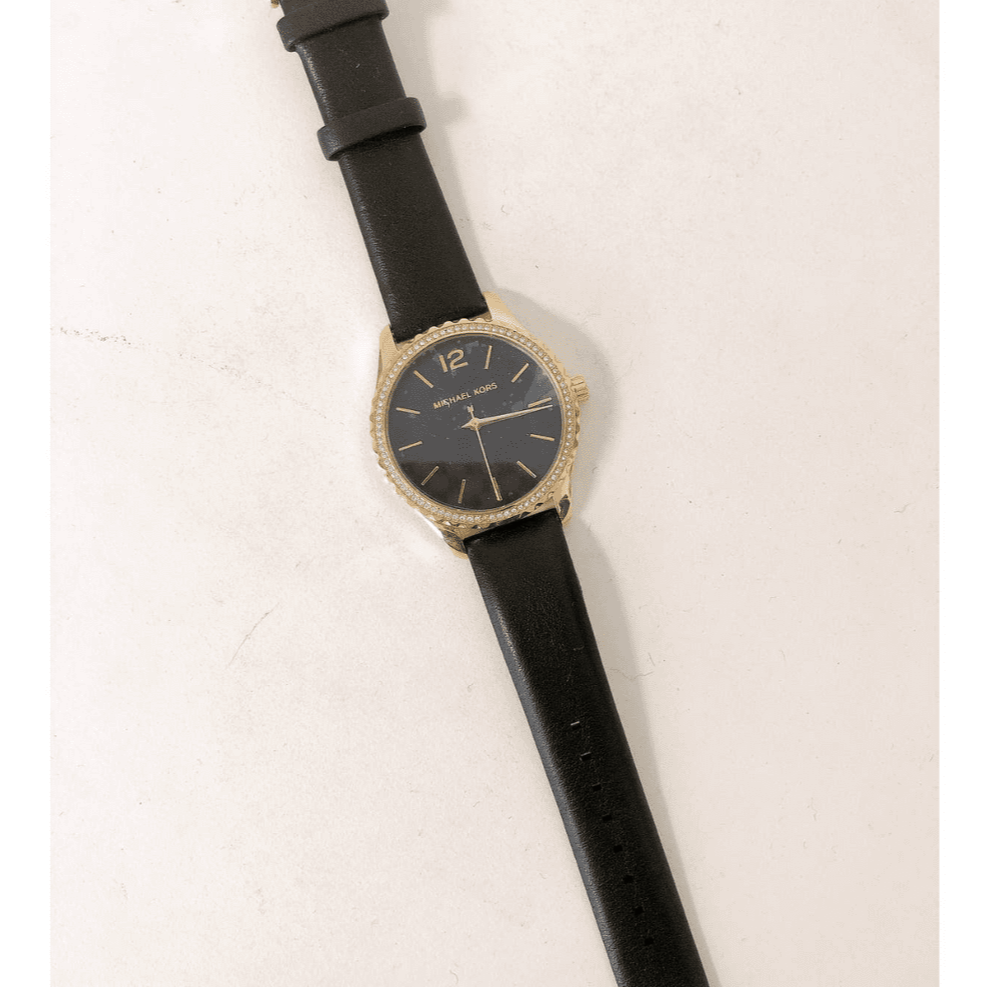  Shop Authentic Michael Kors Layton Three Hand Mother of Pearl Black Dial Black Leather Strap Watch For Women - MK2911 - Luxxuri