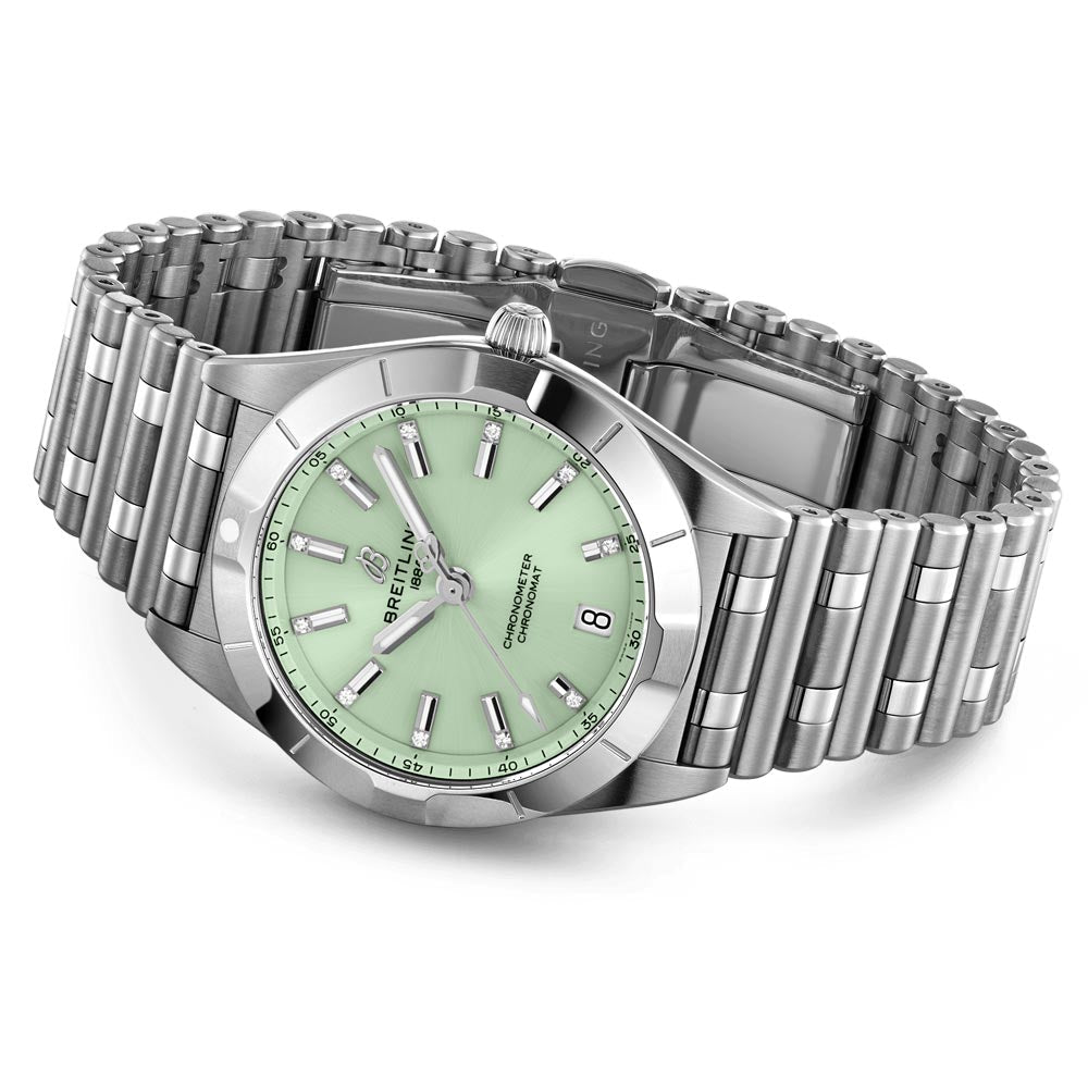  Shop Authentic Breitling Chronomat 32 Diamonds Green Dial Silver Steel Strap Watch for Women - A77310101L1A1 - Luxxuri