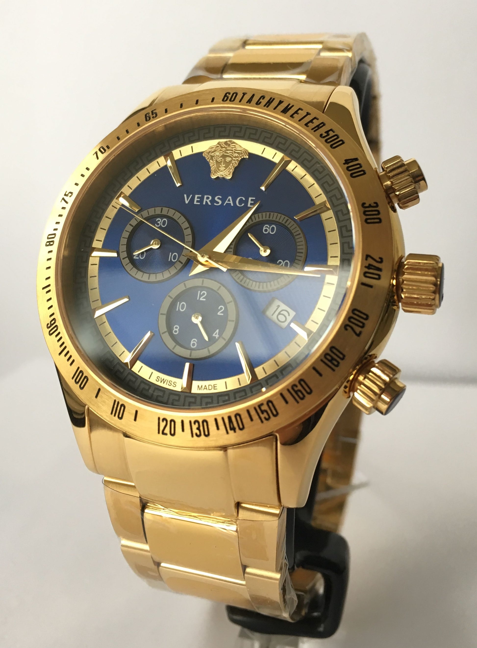  Shop Authentic Versace Classic Chronograph Quartz Blue Dial Gold Steel Strap Watch For Men - VEV700619 - Luxxuri