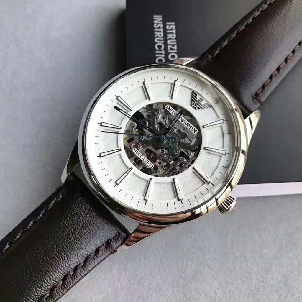  Shop Authentic Emporio Armani Meccanico White Dial Brown Leather Strap Watch For Men - AR1946 - Luxxuri