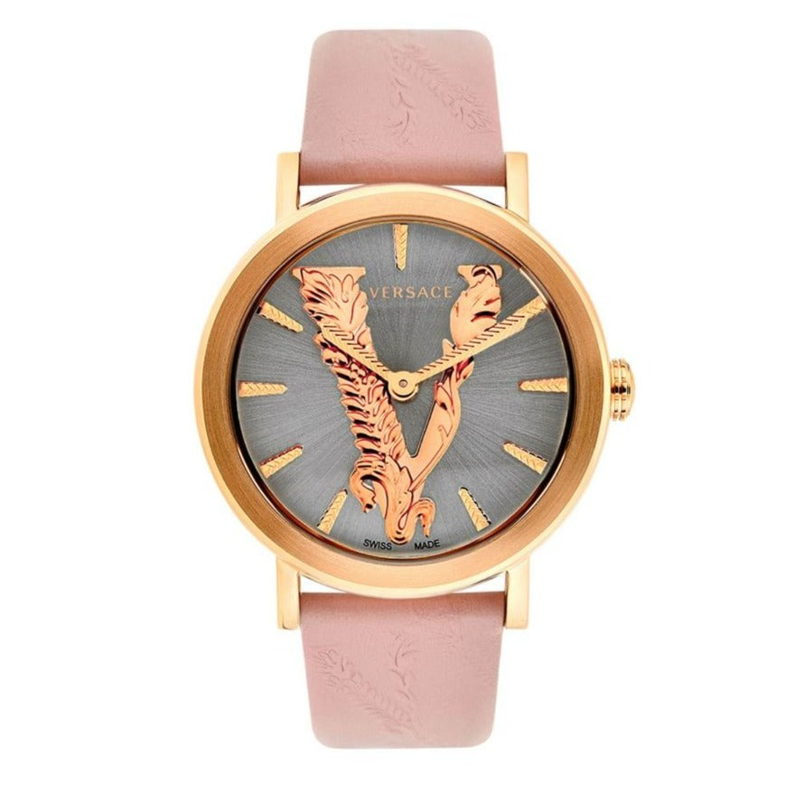 Versace Virtus Quartz Grey Dial Pink Leather Strap Watch for Women - VEHC00319