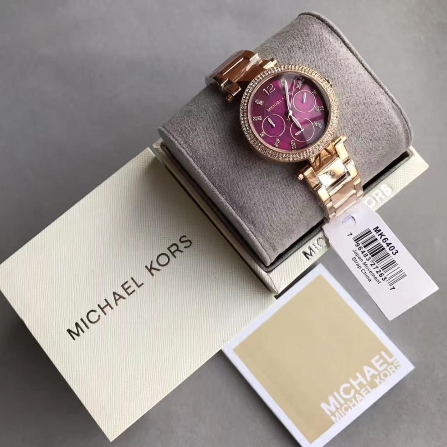  Shop Authentic Michael Kors Mini Parker Multi-Function Plum Mother of Pearl Dial Rose Gold Steel Strap Watch For Women - MK6403 - Luxxuri