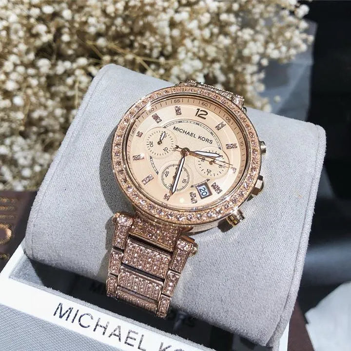  Shop Authentic Michael Kors Uptown Glam Parker Chronograph Rose Gold Dial Steel Strap Watch for Women - MK5663 - Luxxuri
