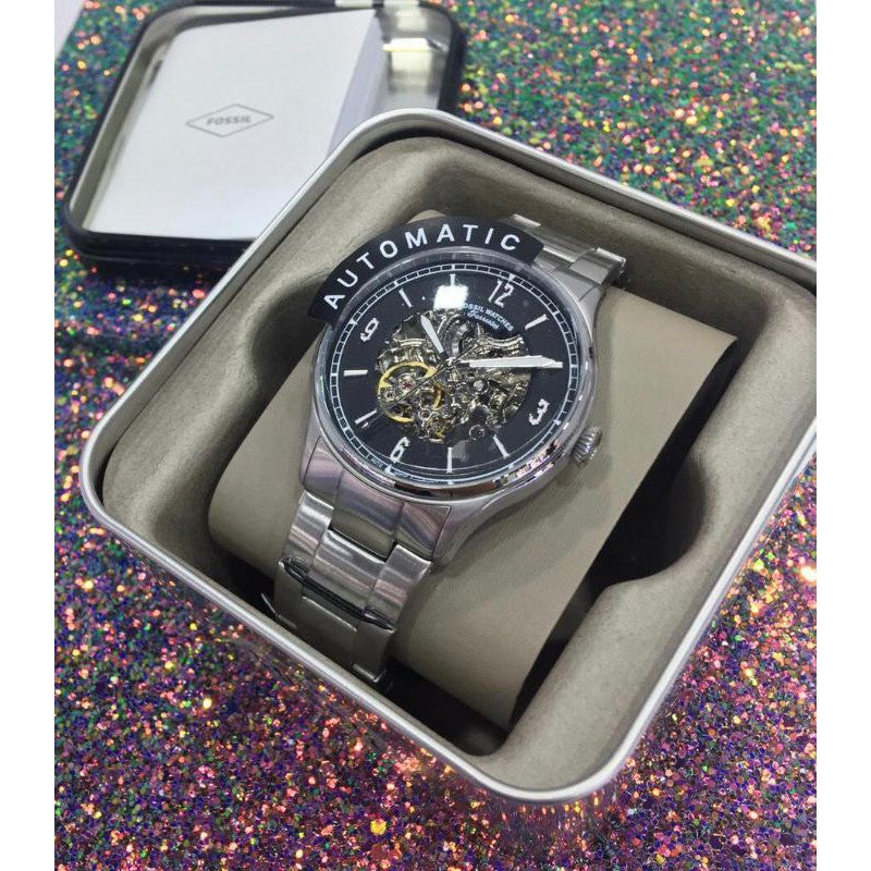  Shop Authentic Fossil Forrester Automatic Skeleton Black Dial Silver Steel Strap Watch for Men - ME3180 - Luxxuri