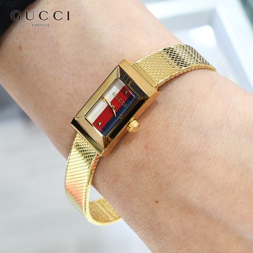  Shop Authentic Gucci G Frame Quartz Diamonds White Red Blue Dial Gold Mesh Bracelet Watch For Women - YA147511 - Luxxuri