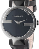  Shop Authentic Gucci G Interlocking Black Dial Black Leather Strap Watch For Women - YA133501 - Luxxuri