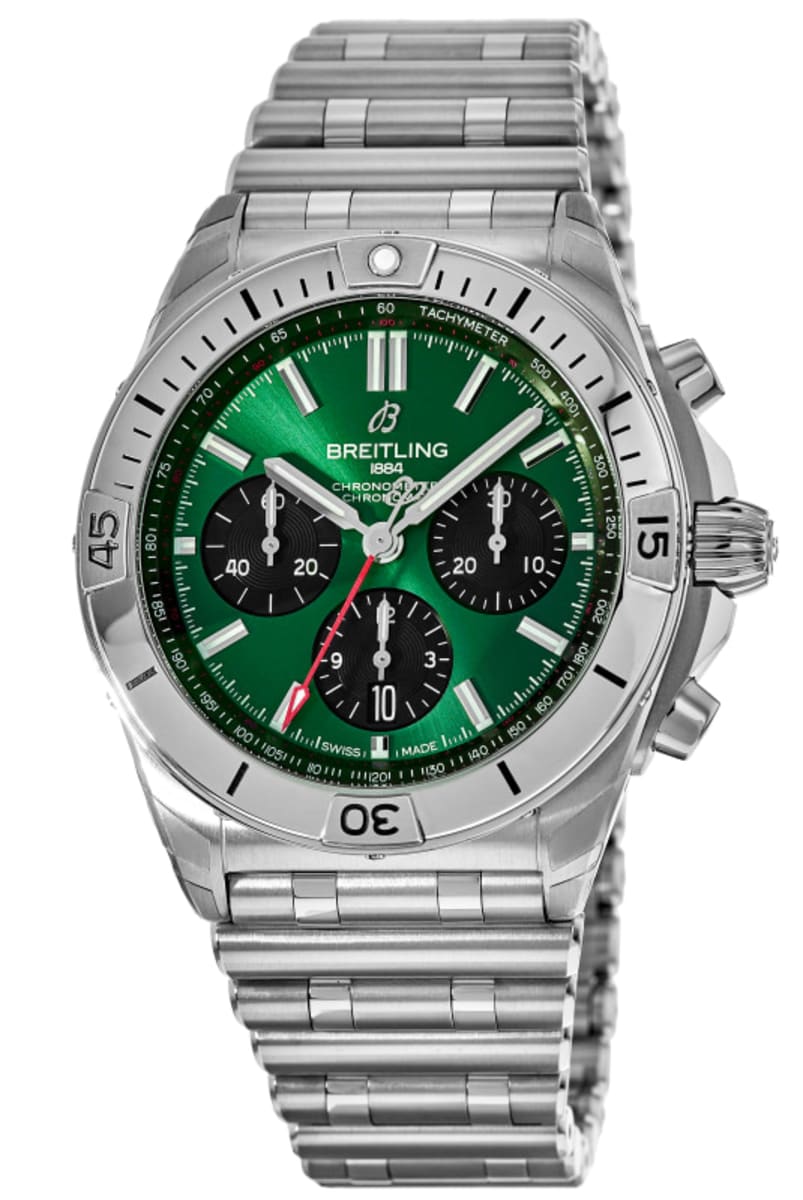  Shop Authentic Breitling Chronomat B01 42 Green Dial Silver Steel Strap Watch for Men - AB0134101L1A1 - Luxxuri