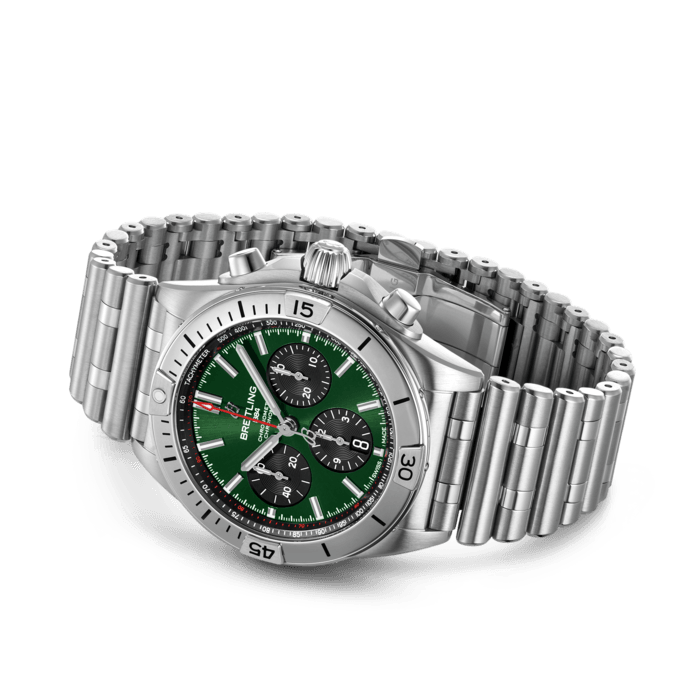  Shop Authentic Breitling Chronomat B01 42 Green Dial Silver Steel Strap Watch for Men - AB0134101L1A1 - Luxxuri