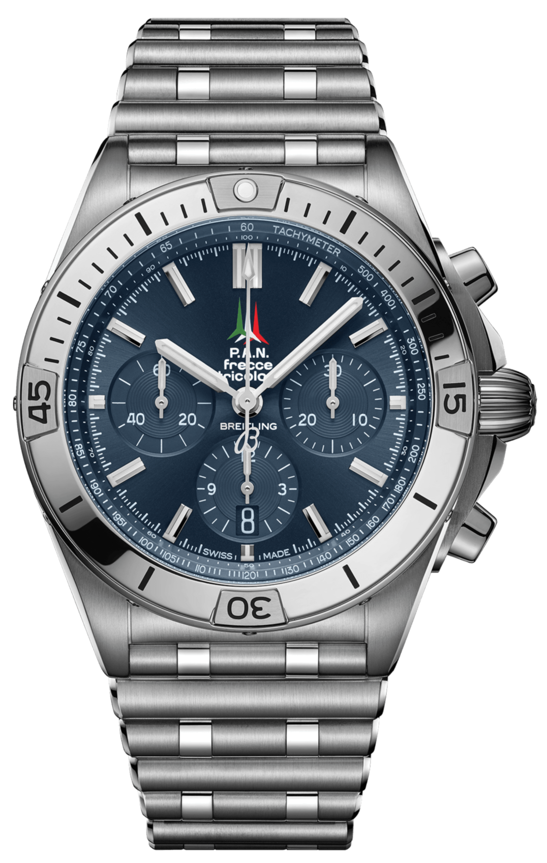  Shop Authentic Breitling Chronomat B01 42 Frecce Tricolori Blue Dial Silver Steel Strap Watch for Men - AB01344A1C1A1 - Luxxuri