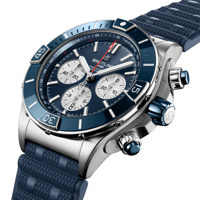  Shop Authentic Breitling Super Chronomat B01 44 Blue Dial Blue Rubber Strap Watch for Men - AB0136161C1S1 - Luxxuri