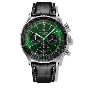  Shop Authentic Breitling Navitimer B01 Chronograph 46 Green Dial Black Leather Strap Watch for Men - AB0137241L1P1 - Luxxuri