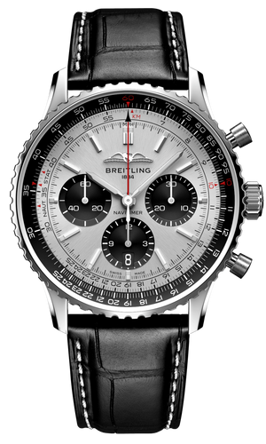  Shop Authentic Breitling Navitimer B01 Chronograph 43 Silver Dial Black Leather Strap Watch for Men - AB0138241G1P1 - Luxxuri