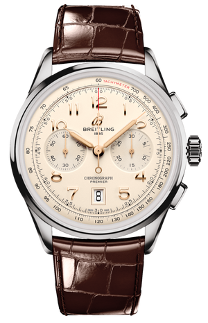  Shop Authentic Breitling Premier B01 Chronograph 42 White Dial Brown Leather Strap Watch for Men - AB0145211G1P1 - Luxxuri