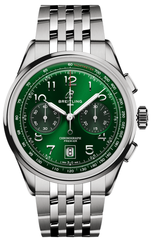  Shop Authentic Breitling Premier B01 Chronograph 42 Green Dial Silver Steel Strap Watch for Men - AB0145371L1A1 - Luxxuri