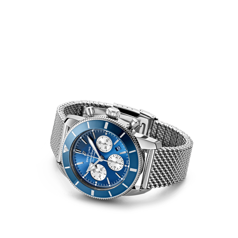  Shop Authentic Breitling Superocean Heritage B01 Chronograph 44 Blue Dial Silver Mesh Bracelet Watch for Men - AB0162161C1A1 - Luxxuri