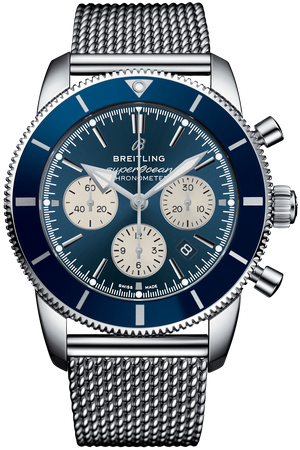  Shop Authentic Breitling Superocean Heritage B01 Chronograph 44 Blue Dial Silver Mesh Bracelet Watch for Men - AB0162161C1A1 - Luxxuri