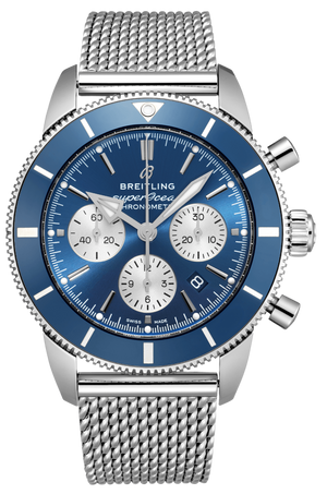  Shop Authentic Breitling Superocean Heritage B01 Chronograph 44 Blue Dial Silver Mesh Bracelet Watch for Men - AB0162161C1A1 - Luxxuri