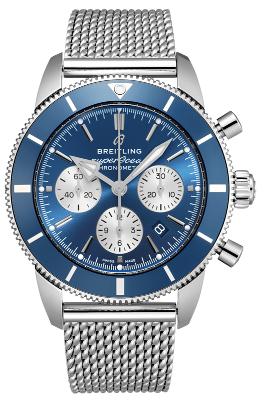  Shop Authentic Breitling Superocean Heritage B01 Chronograph 44 Blue Dial Silver Mesh Bracelet Watch for Men - AB0162161C1A1 - Luxxuri