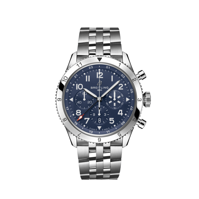 Breitling Super Avi B04 Chronograph GMT 46 Tribute to Vought F4U Corsair Blue Dial Silver Steel Strap Watch for Men - AB04451A1C1A1