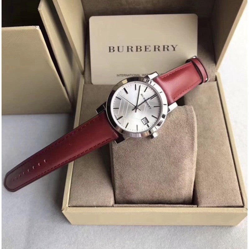  Shop Authentic Burberry The City Silver Dial Red Leather Strap Watch for Women - BU9129 - Luxxuri