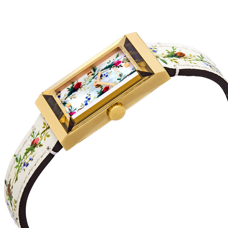  Shop Authentic Gucci G-Frame Floral Mother of Pearl Dial White Leather Strap Watch For Women - YA147407 - Luxxuri