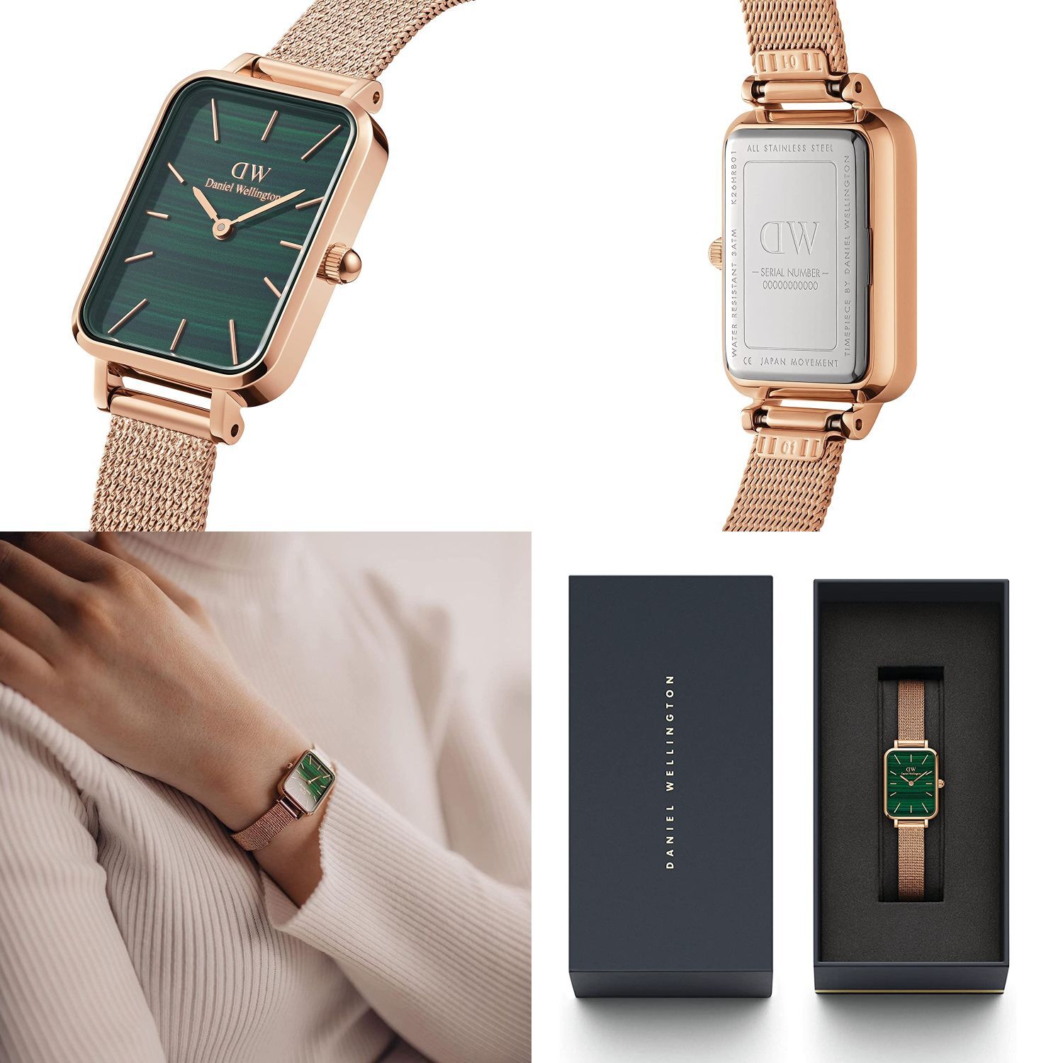  Shop Authentic Daniel Wellington Quadro Melrose Green Dial Rose Gold Mesh Strap Watch For Women - DW00100437 - Luxxuri
