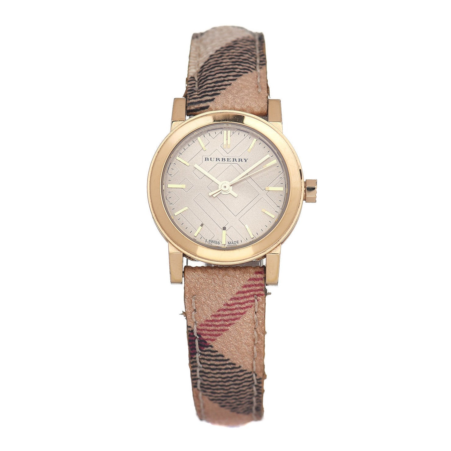  Shop Authentic Burberry The City Gold Dial Haymarket Brown Leather Strap Watch for Women - BU9219 - Luxxuri
