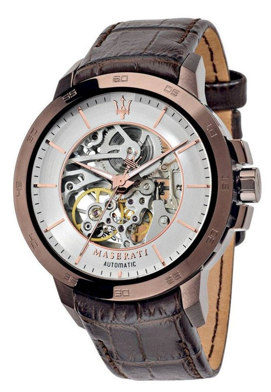  Shop Authentic Maserati Ingegno Automatic White Skeleton Dial Brown Leather Strap Watch For Men - R8821119003 - Luxxuri