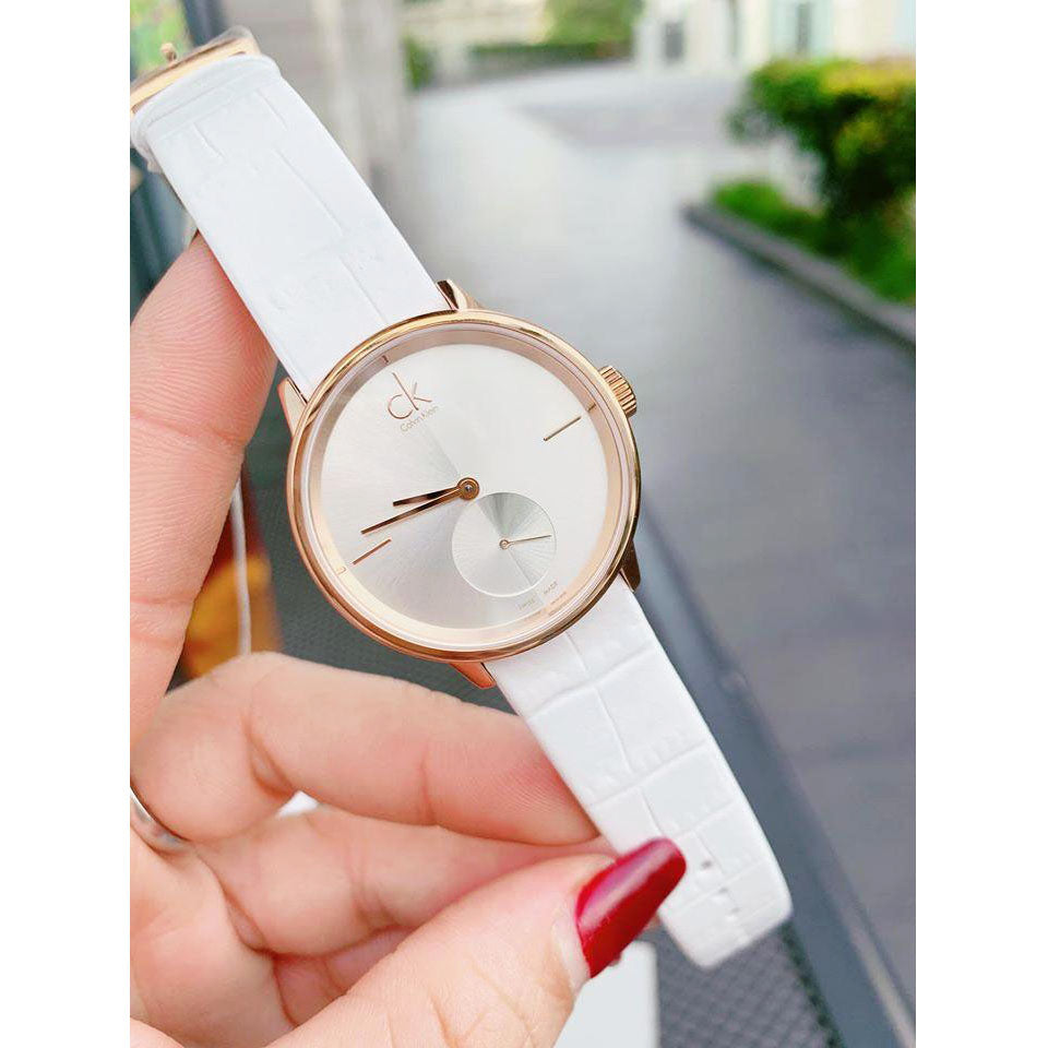  Shop Authentic Calvin Klein Accent Silver Dial White Leather Strap Watch for Women - K2Y236K6 - Luxxuri