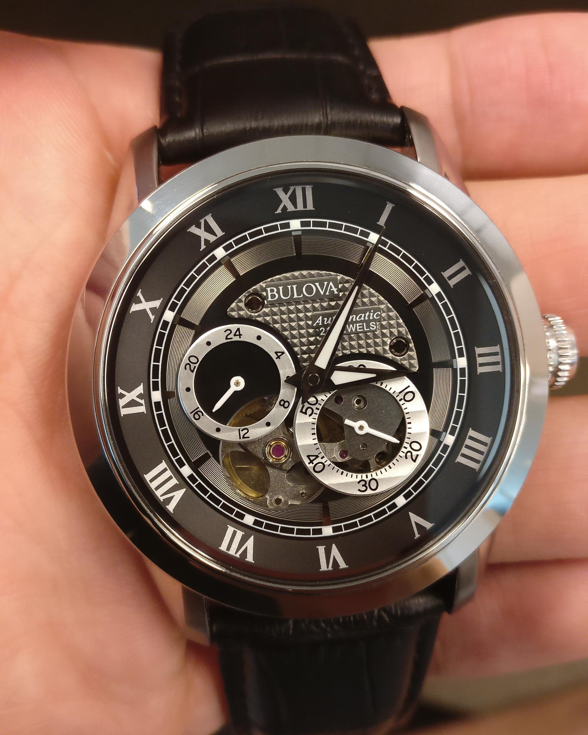  Shop Authentic Bulova BVA Classic Automatic Silver Dial Black Leather Strap Watch for Men - 96A135 - Luxxuri