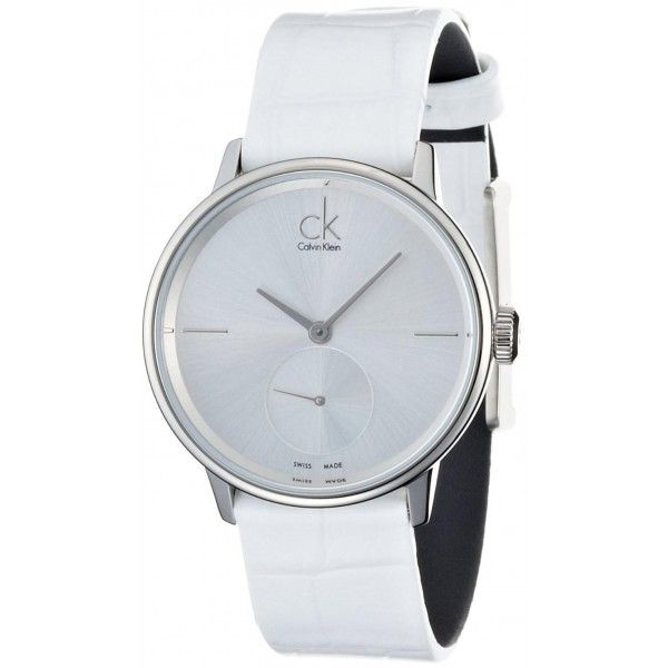  Shop Authentic Calvin Klein Accent Silver Dial White Leather Strap Watch for Women - K2Y231K6 - Luxxuri