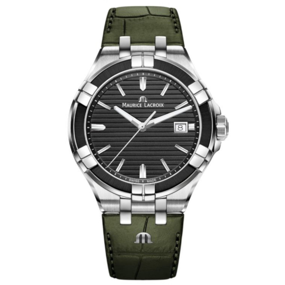  Shop Authentic Maurice Lacroix Aikon Quartz Black Dial Green Crocodile Leather Strap Watch for Men - AI1008-PVB21-330-1 - Luxxuri