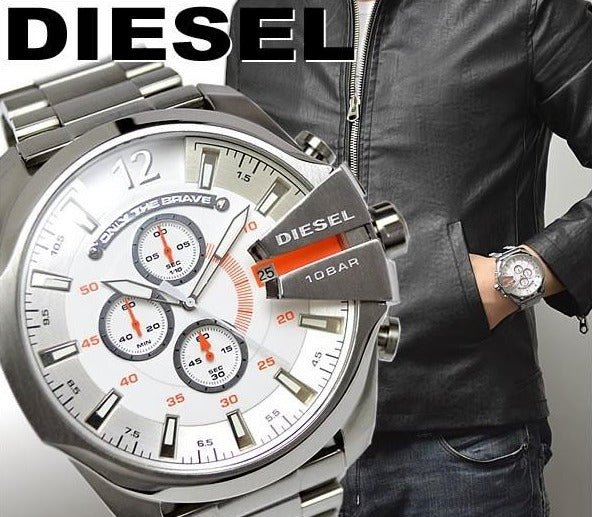 Diesel Mega Chief Quartz Chronograph White Dial Steel Strap Watch For Men - DZ4328